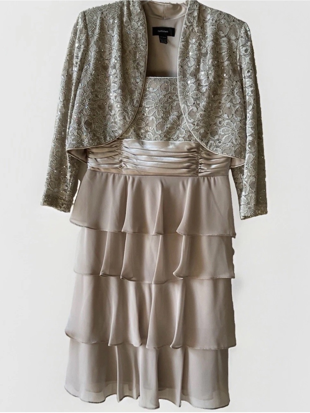 R&M Richards Women’s Blush Pink Dress w/Jacket ~Lace~Ruffles~Sequins~Size 8~New